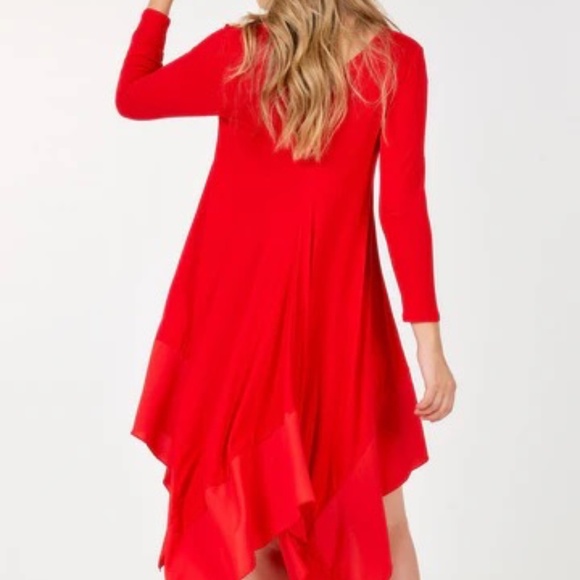 Long Sleeve V Neck Tunic Shark Bite Edging Dress Red - Picture 4 of 4